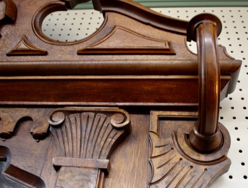 Antique Hall Tree:Carvings,Pediment,Columns,Stand w/Cast Iron Bowls,Marble Shelf - Picture 7 of 13