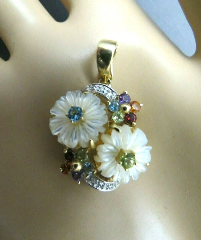 14k 吊坠钻石多色宝石黄金拖把雕刻花 SBT 5.6 克 — 第 3/4 张图片