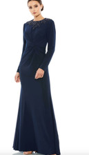 MAC DUGGAL 55713 BEADED HIGH NECK TWIST LONG SLEEVE TRUMPET MIDNIGHT GOWN  sz 10