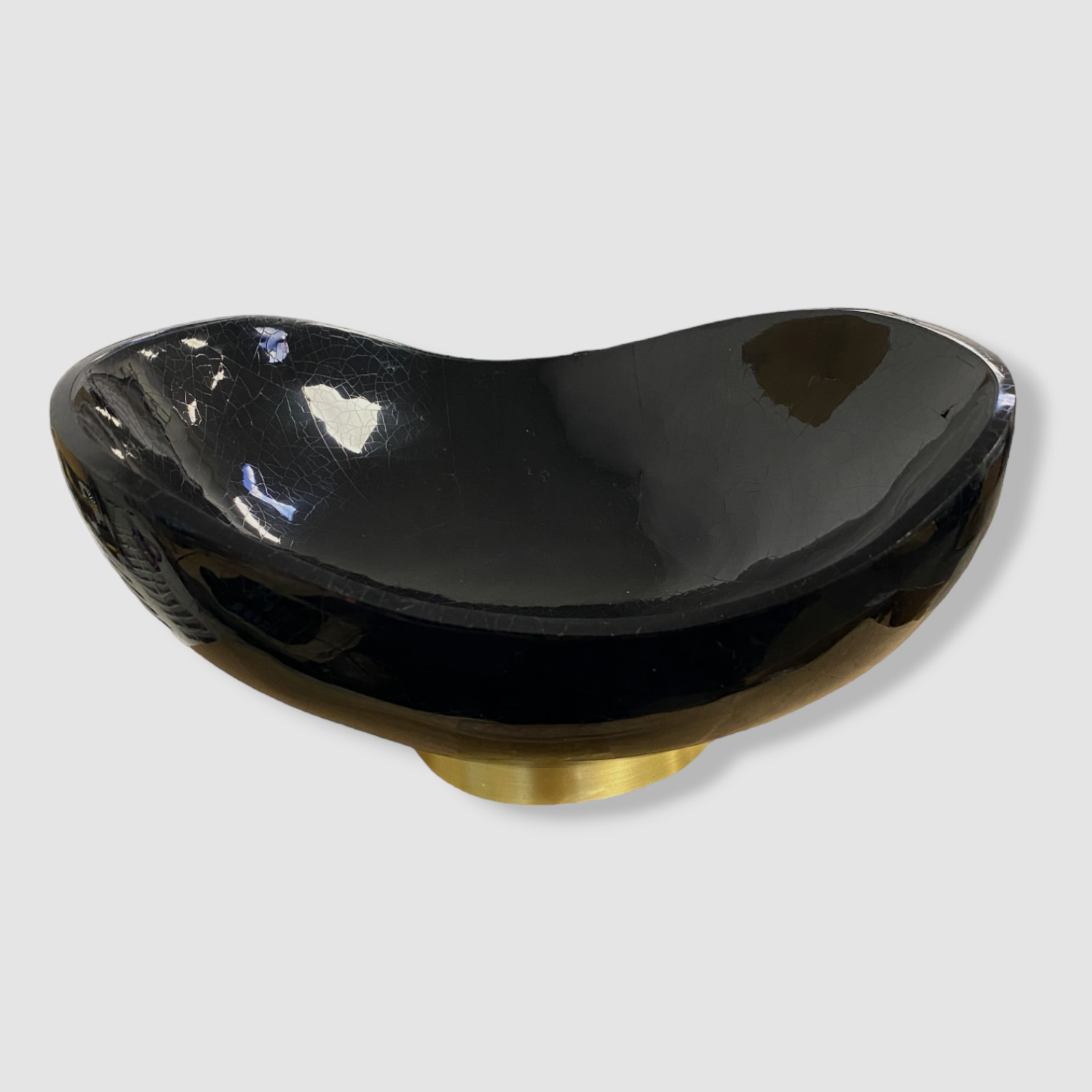$483 Ginger Brown Black Marquetry and Brass Pen Shell Bowl