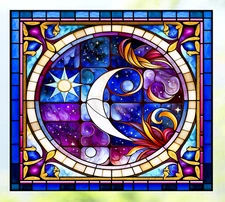 Celestial Moon & Stars Faux Stained-Glass WINDOW CLING Size 9" Rectangle ~ Vinyl