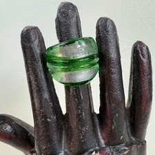 Green Silver Art Glass Ring Size 6.5
