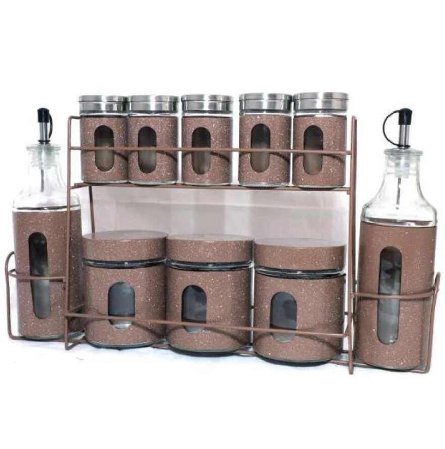 10-Piece Kitchen Canister Set Metal Rack Spice Jars 1L Oil/Vinegar Dispensers