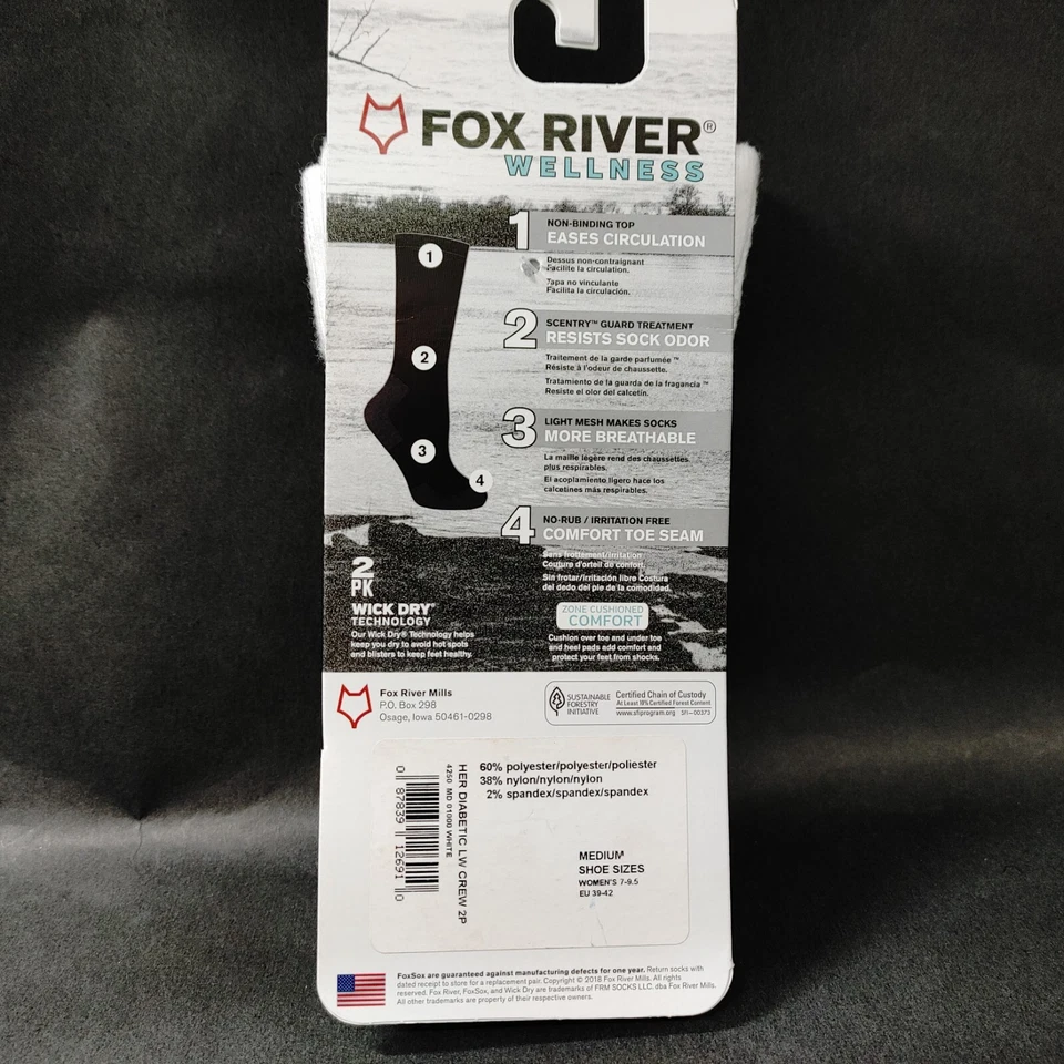 Meia Fox River Classic Diabetic Crew feminina tamanho M 7-9.5 branca 4250 2 pares - Imagem 4 de 4