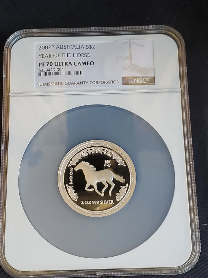 Australia 2002 Prueba Lunar Año del Caballo Plata $2 Isabel II 2 oz NGC PF 70 UC Foto 4 de 4
