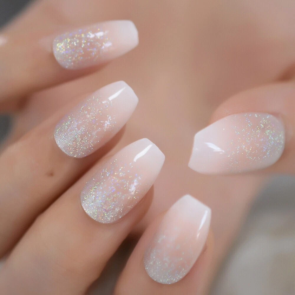 Peach Pink Ombre with Glitter French Tip and Diamonds Medium Press-On –  Belle Rose Nails
