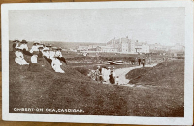 GWBERT ON SEA CARDIGAN DAMEN SITZEND HOTEL IM HINTERGRUND UM 1910 BALDWINS EMPORIUM
