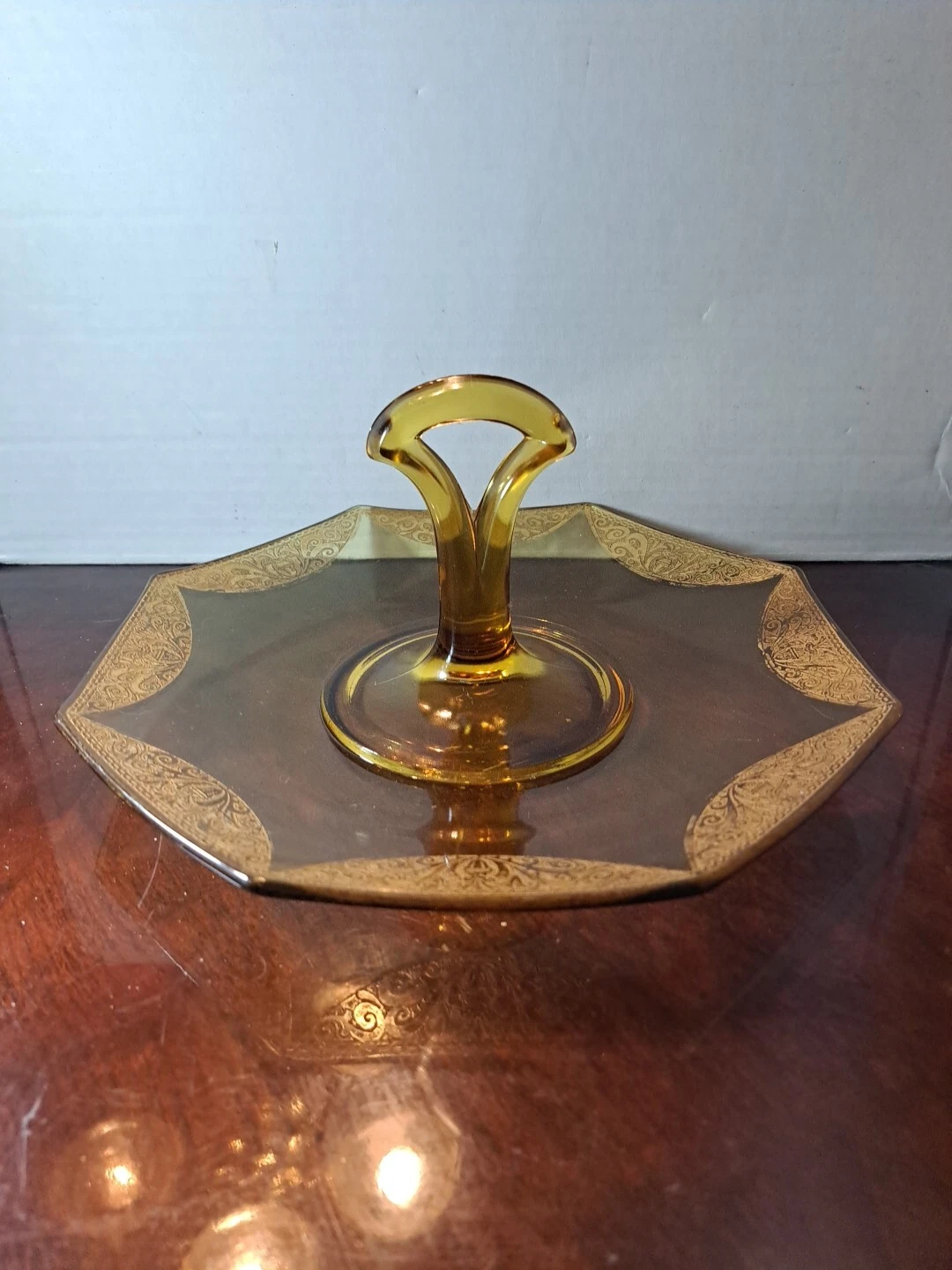 Vintage Pressed Amber Glass Sandwich Tidbit Tray With Gold Decoration