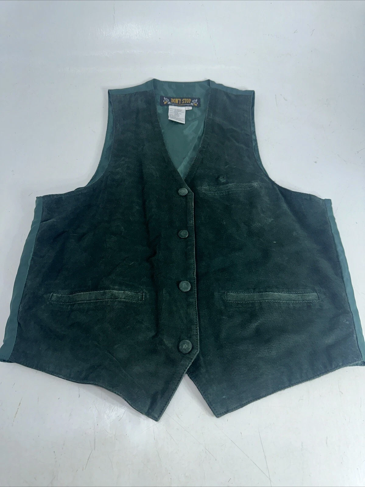 Vintage Don't Stop Classics Leather Vest Men Sz L Green Western Snap 80s