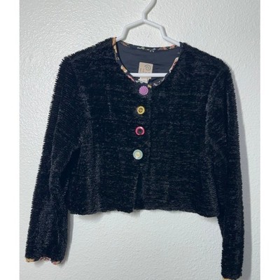 F.L. Malik Black Fuzzy Cropped Jacket Colorful Buttons Floral Trim Sz M Artsy