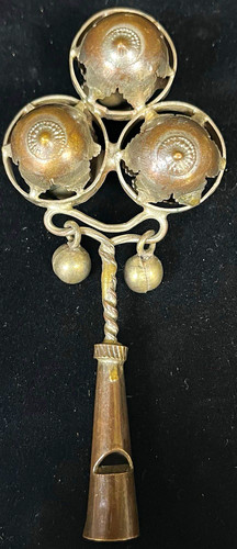 Antique Baby Rattle with Three Silver Tone Bells and Copper Whistle Handle