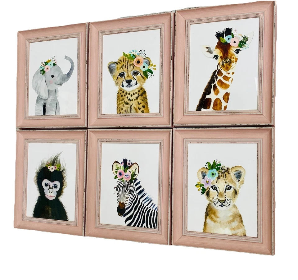 Juego de 6 estampados de animales enmarcados para decoración de pared infantil safari con flores rosas bebé niña Foto 2 de 4