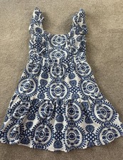 SHEIN White Blue Floral Fit & Flare Dress M Square Neck Bow Ruffle Sleeveless