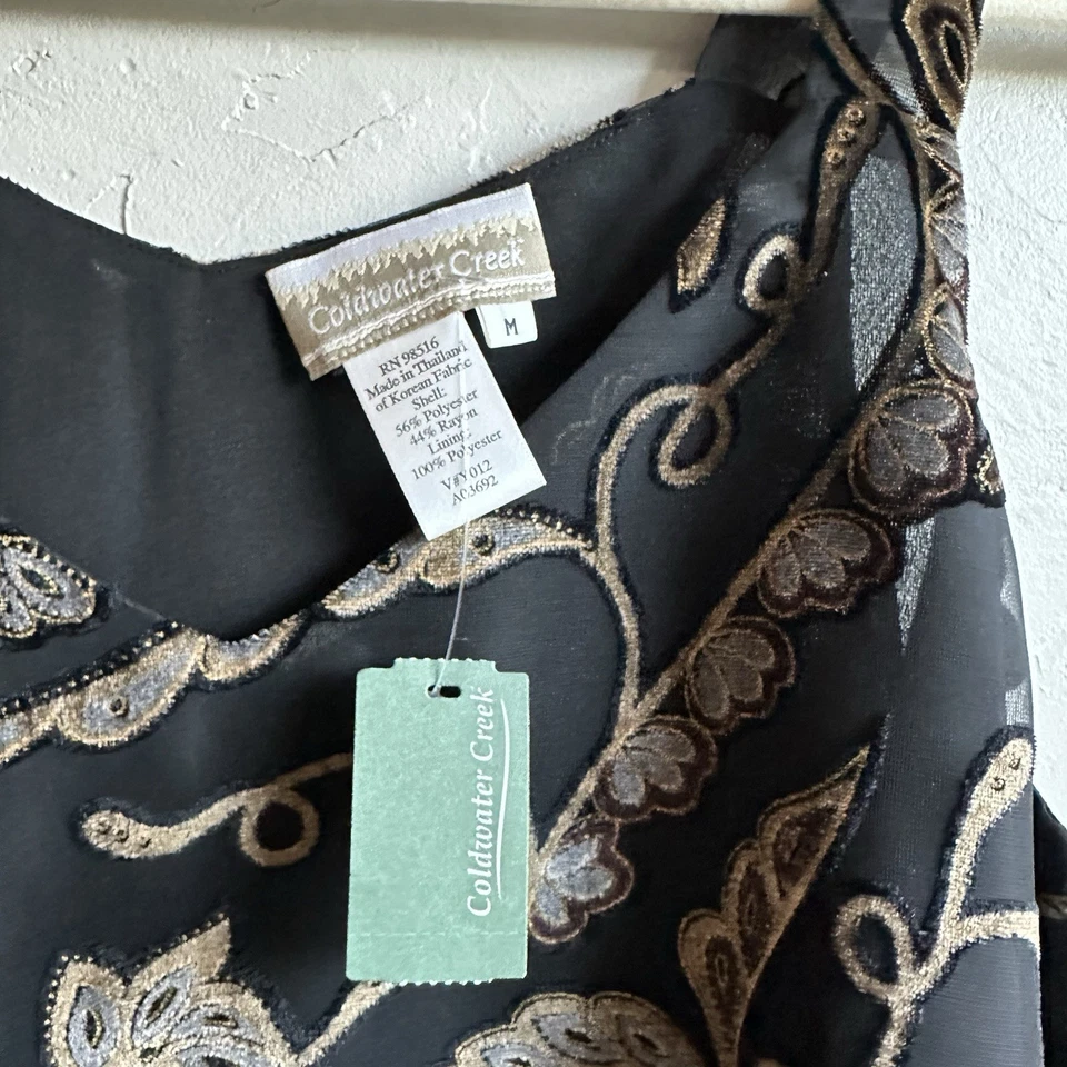 Camiseta sin mangas Coldwater Creek Y2K Burnout Terciopelo Negro Paisley Estampado Cuello Talla M NUEVA CON ETIQUETAS Foto 4 de 4