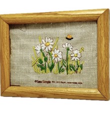 Vintage Framed Embroidered Daisy And Butterfly Linen Art 6x8 Wall Decor
