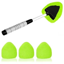 Car Window Cleaner Tool Kit W/ Extendable Handle & 3 Microfiber Pads - Green