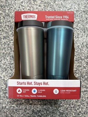 Thermos 2-Pack 18 oz Stainless Steel Travel Tumblers Hot or Cold, Blue & Silver