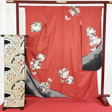 Japanese Kimono 'FURISODE,OBI Set' Silk/Red/Flower/Shibori/Length:163cm N585