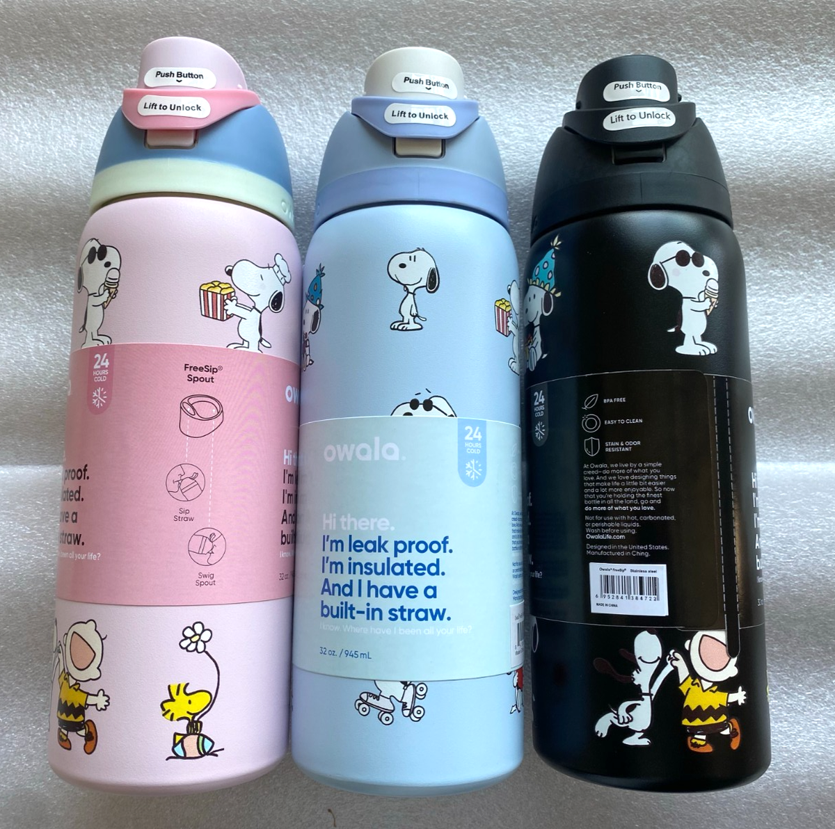 Brand new Owala Snoopy stainless steel insulated water bottle flip