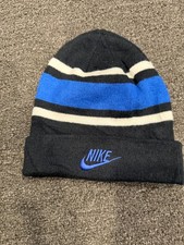Nike Hat Beanie Youth One Size Black Blue White Stripe Knit Cuffed Swoosh Winter