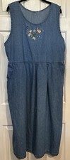 Vintage Denim Cottagecore Sleeveless Maxi Dress Floral Embroidered Grannycore