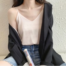 Womens Silk Satin Tank Cami Plain Sleeveless Strappy Camisole Vest Casual Tops