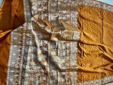 Pure Silk Gold Silver Banarasi Saree Sari With Woven Floral Border Free Size