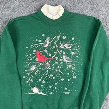 Vintage Birds Sweatshirt Womens Size L Green Cardinal Graphic Winter Crewneck