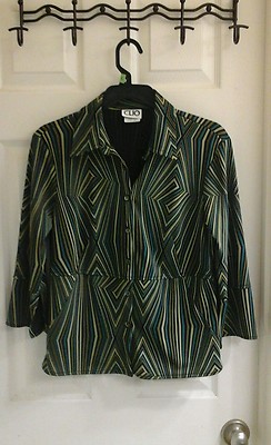 Clio Blouse, women's size small Vintage striped greens career wear Psychedelic