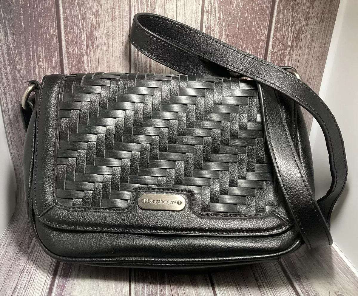 Longaberger Shoulder Bag BLACK LEATHER Satchel Stairstep Weave Handbag Purse
