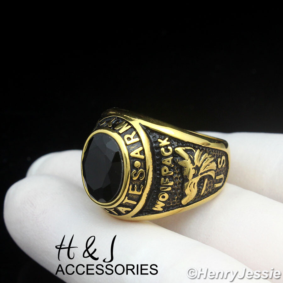MEN Stainless Steel US Army Military Black Onyx Gold/Black MEN Stainless Steel US Army Military Black Onyx Gold/Black