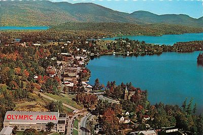 Lake Placid NY Village aerial view Olympic Arena Main St MIRROR LAKE postcard