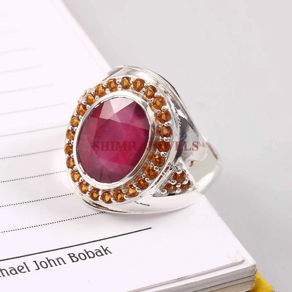 Piedras preciosas térmicas de rubí y citrino con anillo de plata de ley 925 para hombre #863 Foto 2 de 4