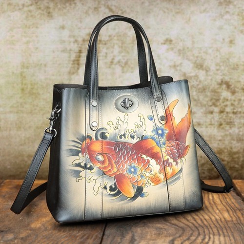 Genuine Leather Purses and Handbags Women Hand painted Shoulder Bag Tote Bag - Picture 6 of 21