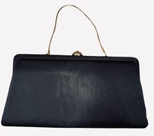 Vintage Bobbie Jerome Satin Black Handbag Clutch Gold Handle Gem Closure Evening