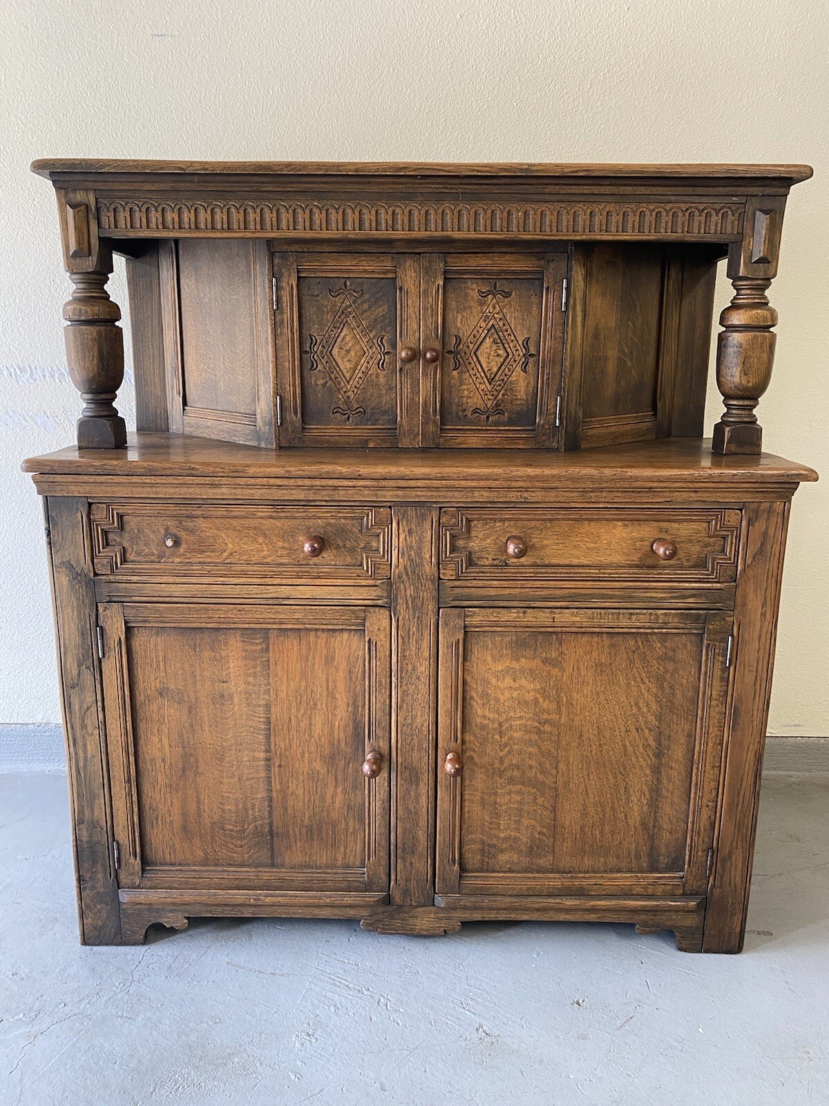 Carved Oak English Court Cupboard Sideboard. Antique Estate Solid Wood