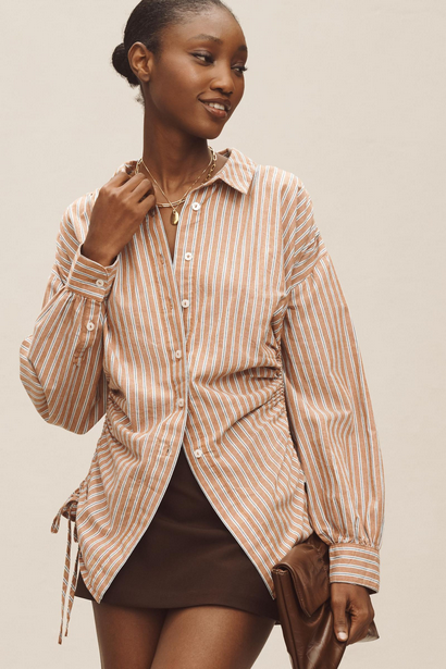 Pilcro Reworked Ruched Buttondown Shirt Anthropologie Striped Printed Top New M