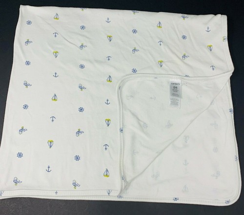 Carters White Baby Blanket Anchor Boat Ship Wheel Seagull Stretch Jersey Knit - Picture 2 of 7