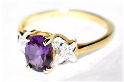Alexandrite Gold Ring Solid 9ct Lab-Created Alexandrite & Natural Diamond R/8.75 - Picture 7 of 9