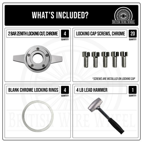 Locking 2 Bar Zenith Cut Chrome Spinner Caps with Blank Rings, Set + Hammer - Picture 2 of 12