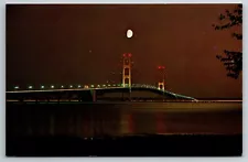 Vintage Postcard MI Mackinac Bridge at Night Moon Chrome ~13467