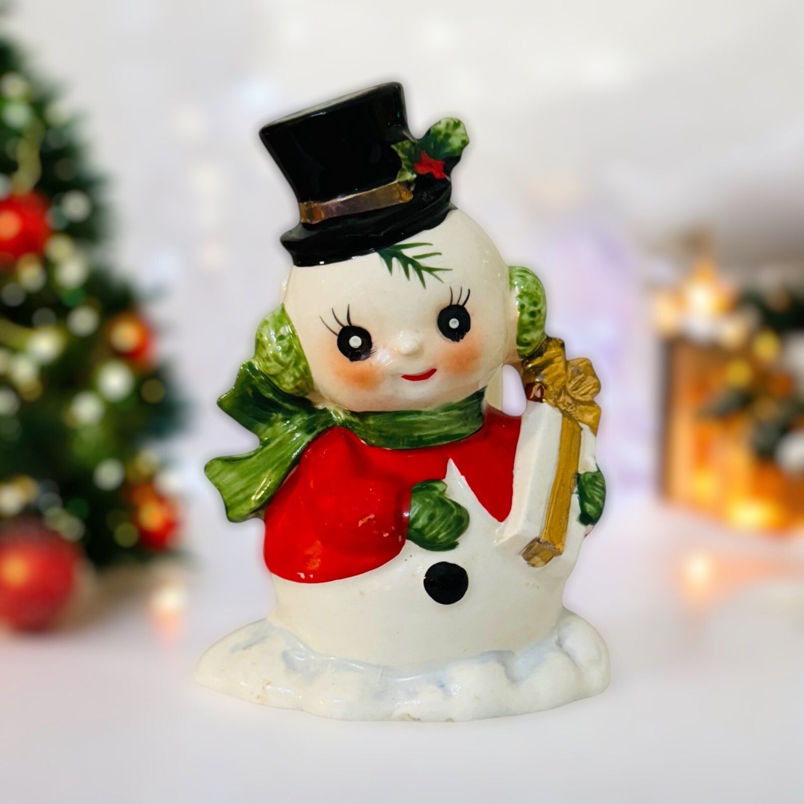 Vintage Josef Originals Snowman Napkin Holder Holding Xmas Gift 1950s MCM