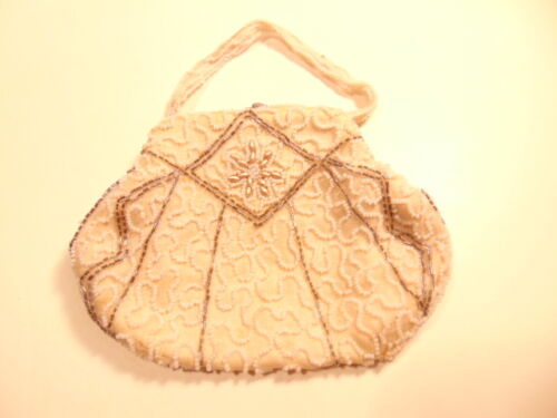 Small ivory or clam colored purse with beaded accents; made in Belgium - Picture 1 of 11