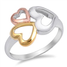 Rose Gold Plated Triple Heart Purity Ring .925 Sterling Silver Band Sizes 5-10