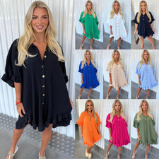 Womens Ladies Gold Button Pleated Frill Summer Shirt Swing Smock Mini Dress Top