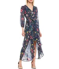 Eliza J EJ1-8264 Floral Print High-Low Faux Wrap Dress SZ 6 Navy Multi