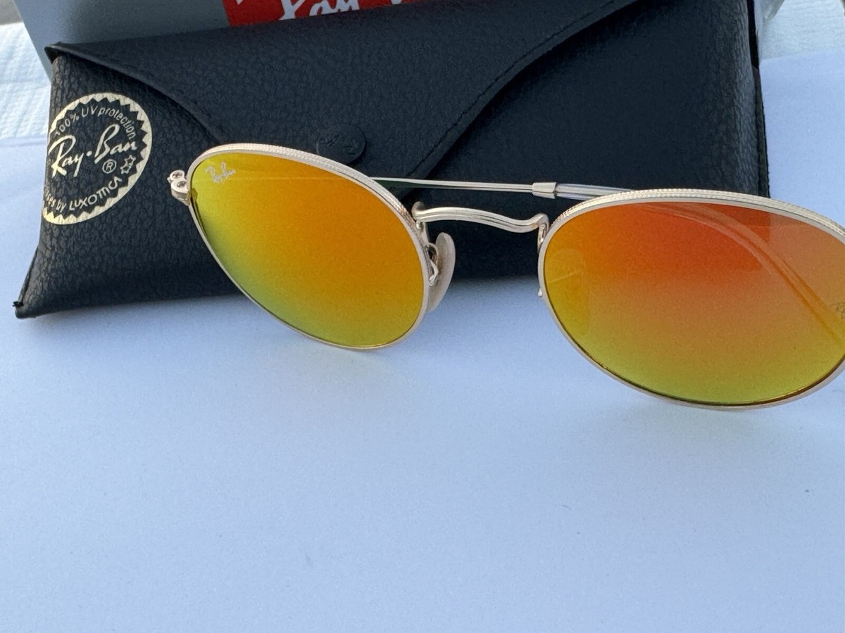 New Ray-Ban RB3447 112/69 Round Matte Gold Orange Flash Mirror