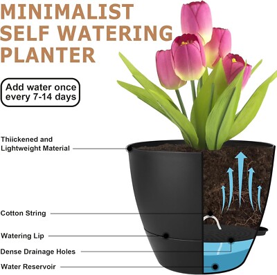 6 Plant Planter,  5/5.5/6/6.5/7/8'' Self Watering Pot, Drainage, Plastic, Black