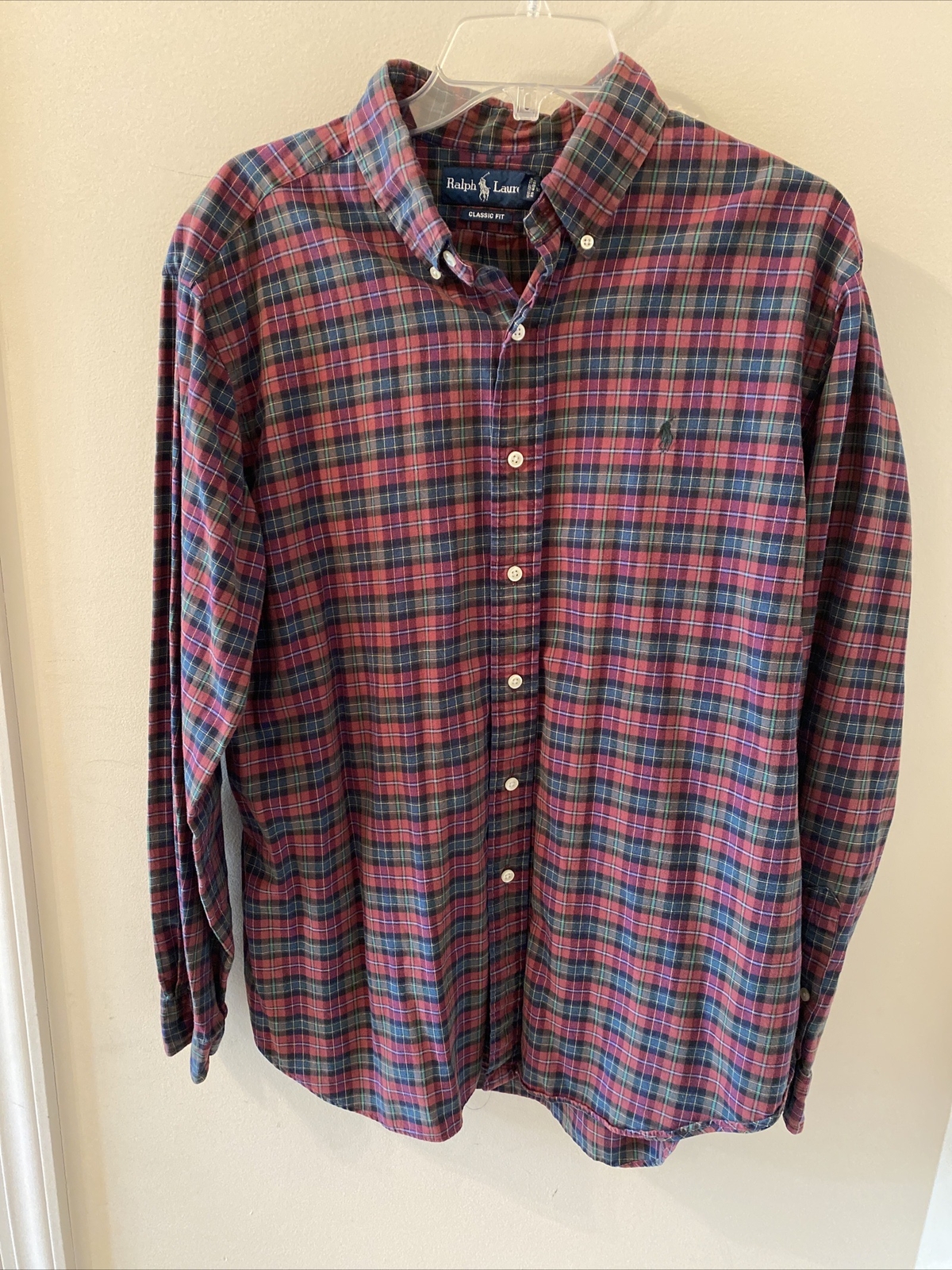 RALPH LAUREN Size L Red Blue Window Pane Cotton Button Down Long Sleeve Shirt