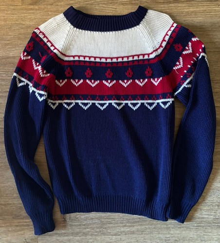 Vtg JC Penney 70’s Sweater Boys Blue Red White Stripe Knit Pullover Medium 12-14